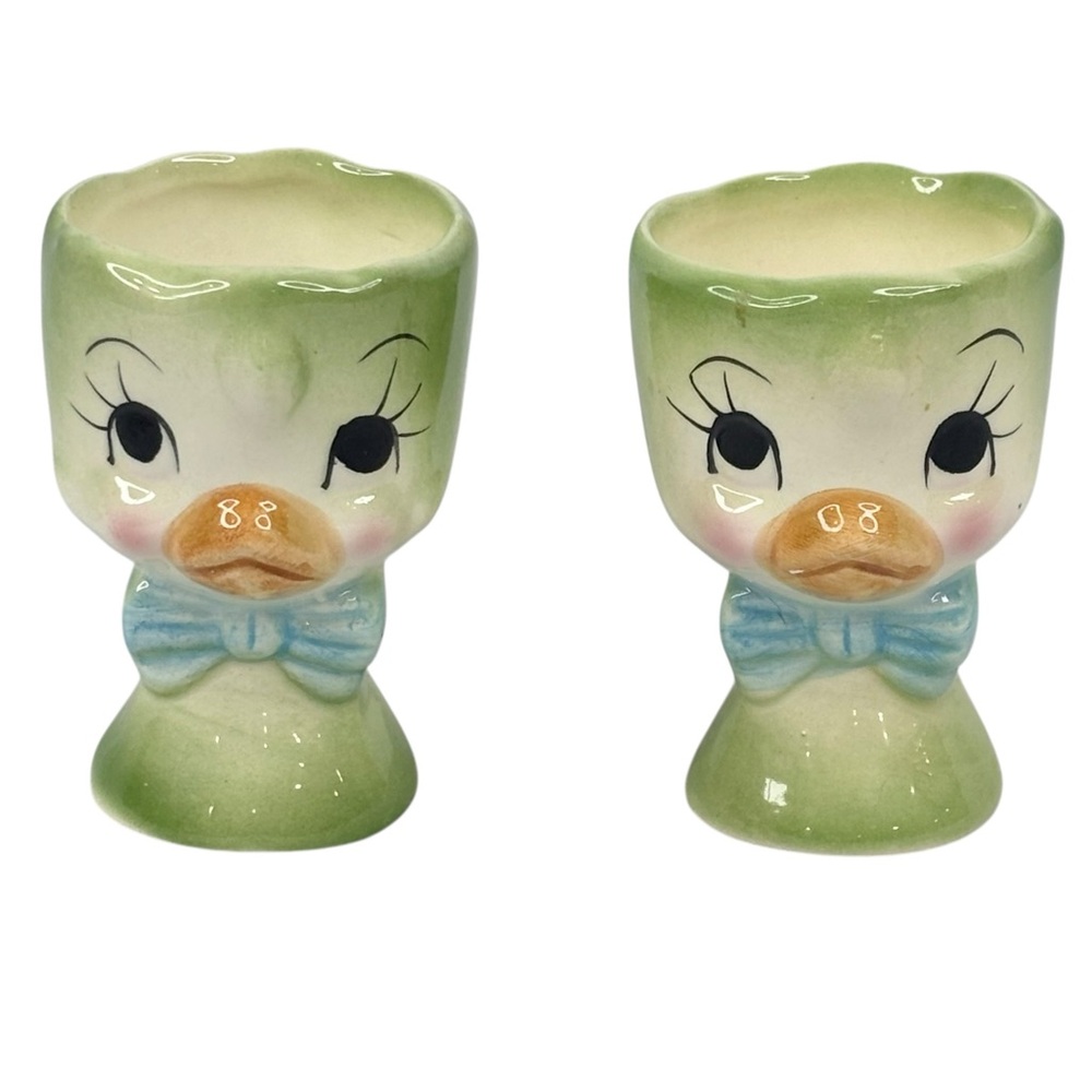 Vintage Set of 2 3” Anthropomorphic Duck Bird Kitsch Ceramic Egg Holders